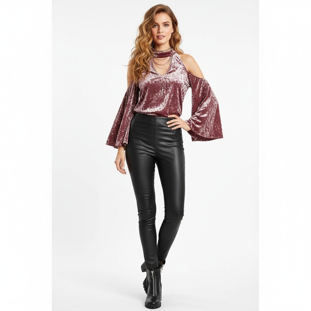 American Eagle Top Womens XS Purple Cold Shoulder Halter Crushed Velvet Cropped